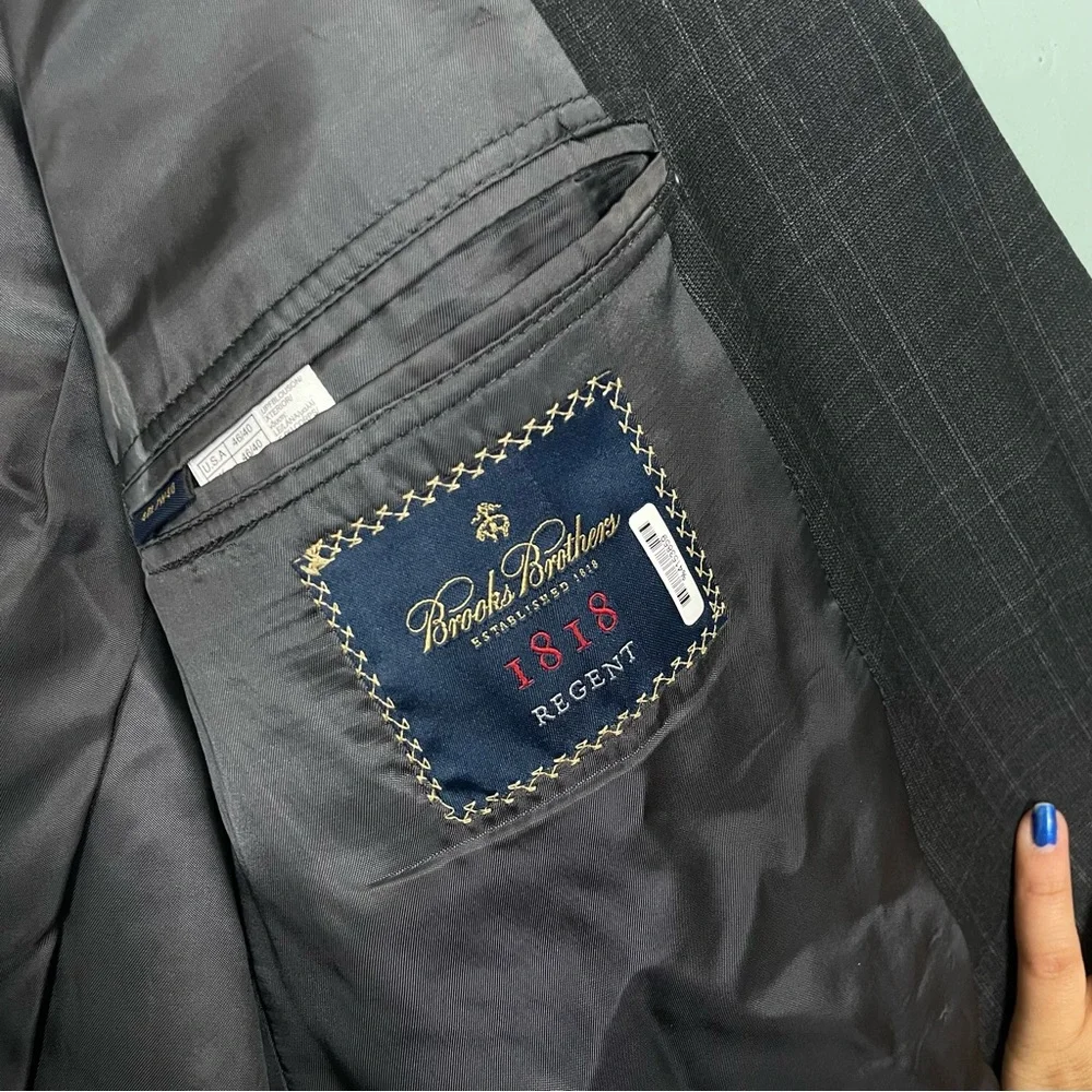 Brooks Brothers 1818 Regent Gray Charcoal Plaid Drago Wool Size 46/40 Suit Set‎